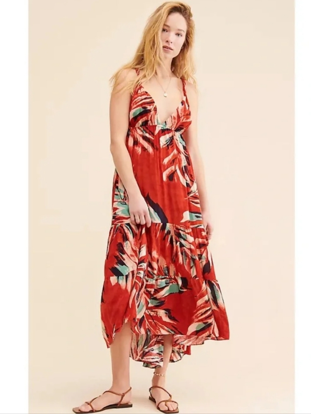Anthropologie Danika Tropical Woven Gauze Plunge Halter Midi Dress Red L